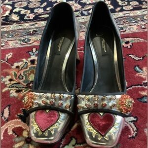 Dolce & Gabbana Metallic Silver Pumps with Red Velvet Heart Appliqués